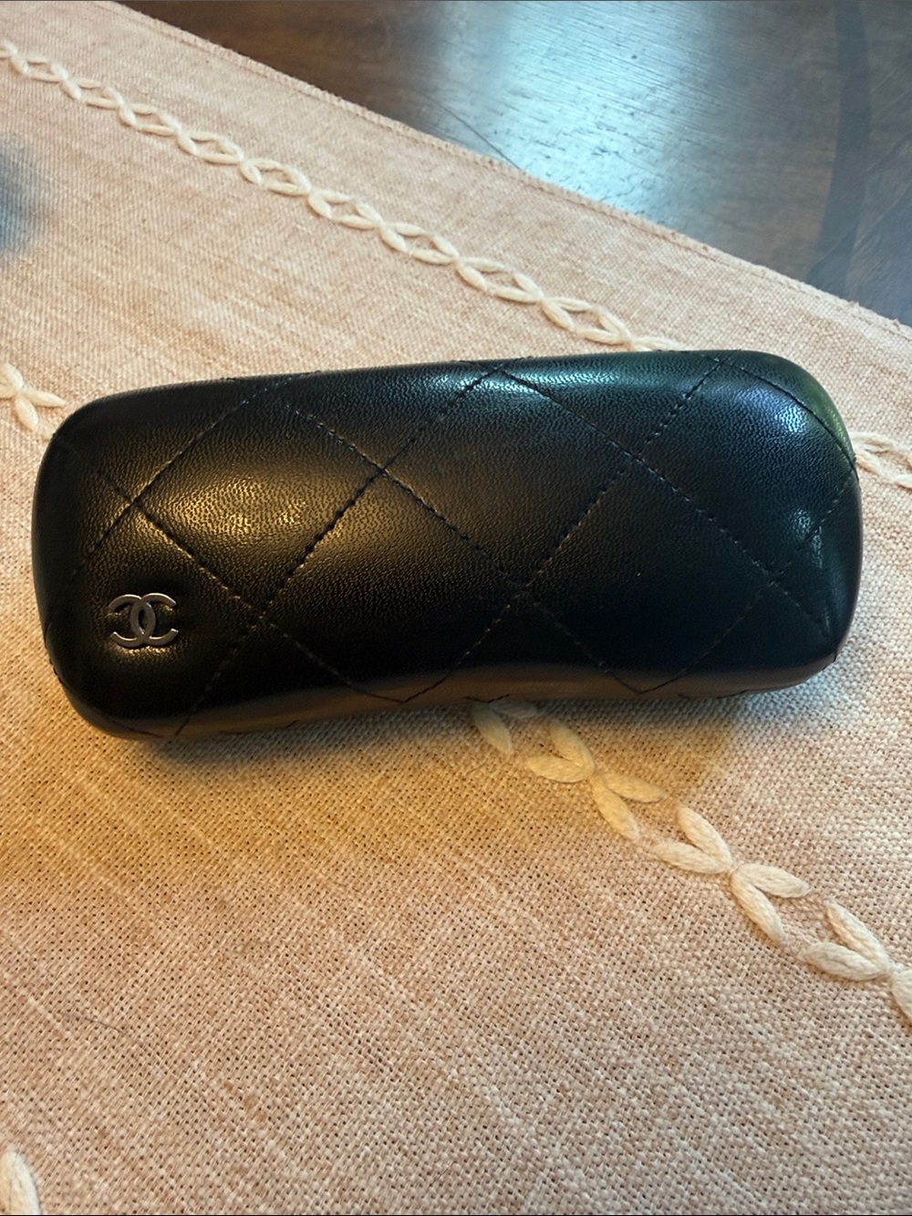 CHANEL Black Quilted Leather Glasses Case with Logo